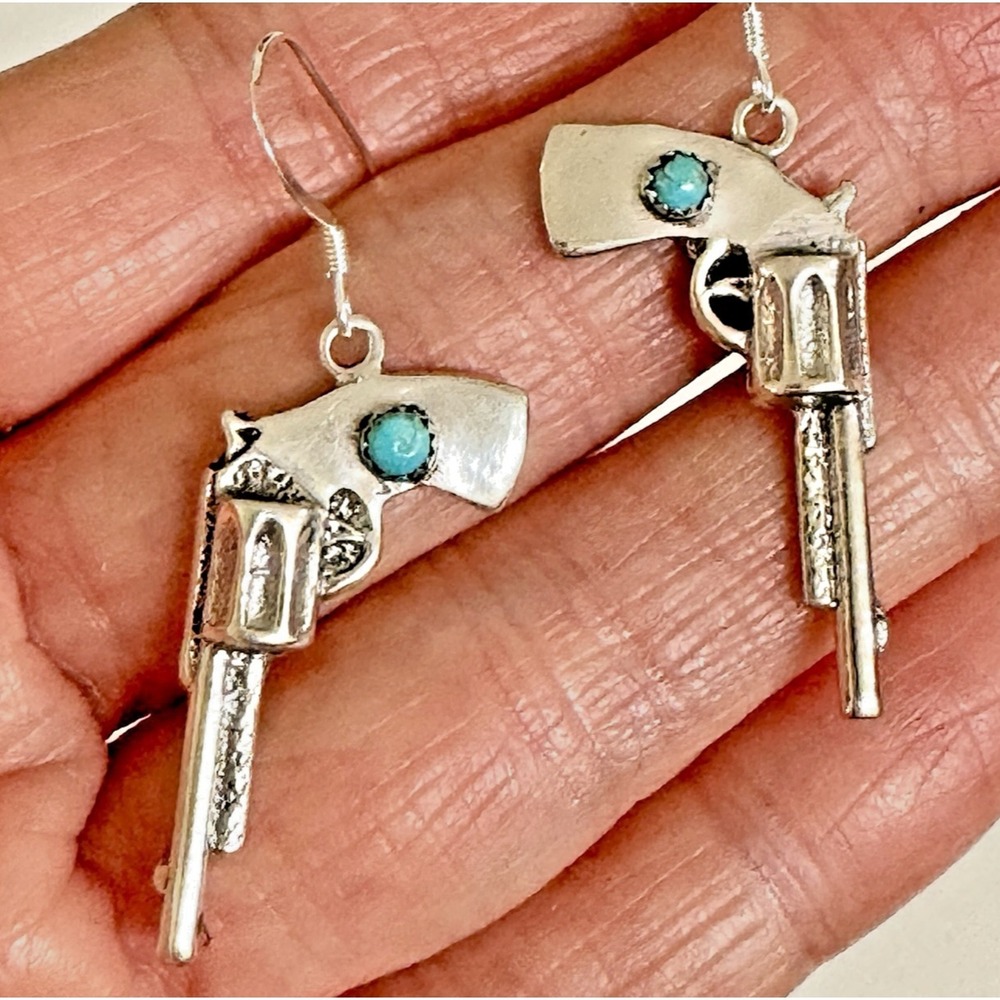 Mini Toy Gun Pistol Revolver Navajo Turquoise Earrings Sterling 925 Signed RM